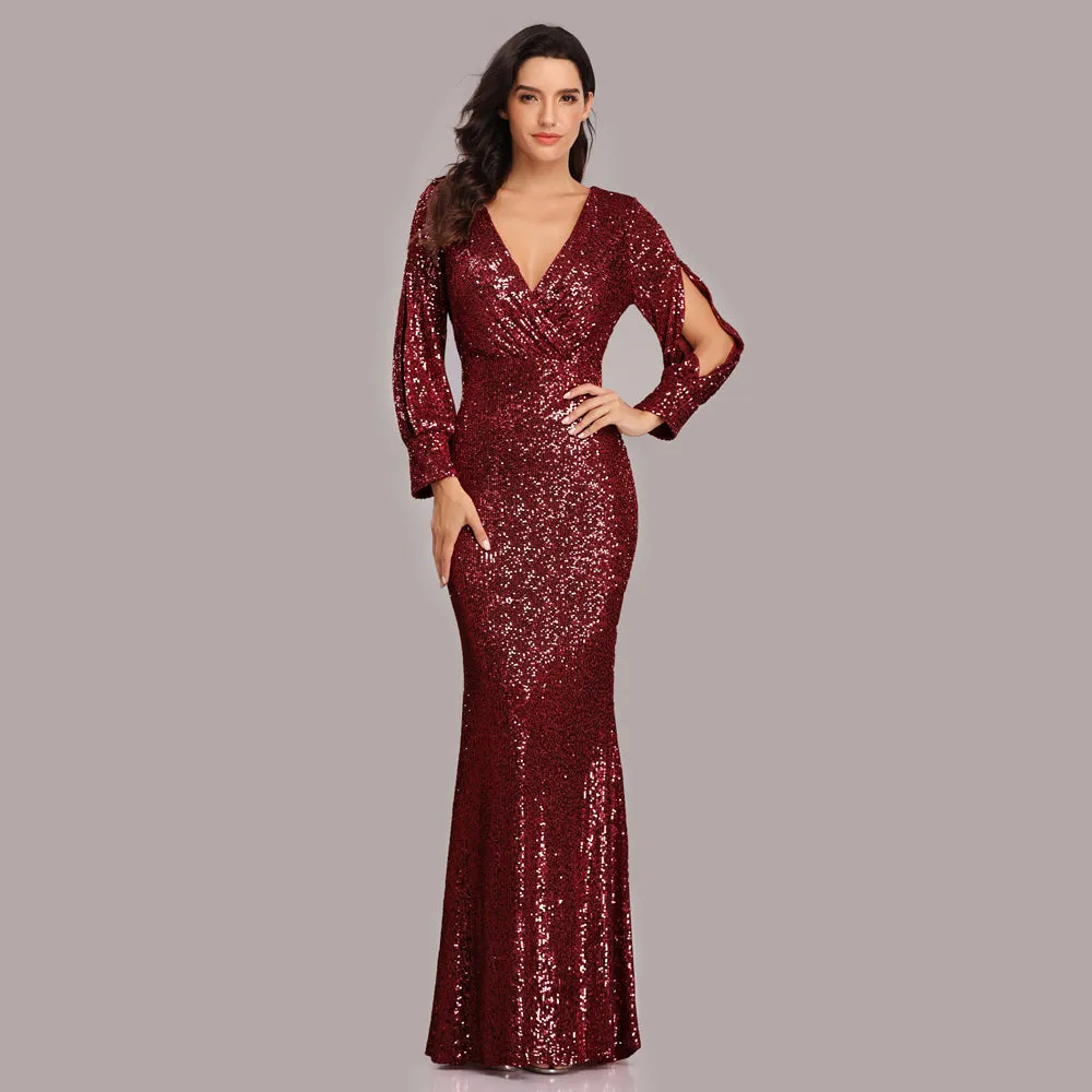 Formal Evening Dresses for Women V-neck Mermaid Maxi Sequin Dress for Party