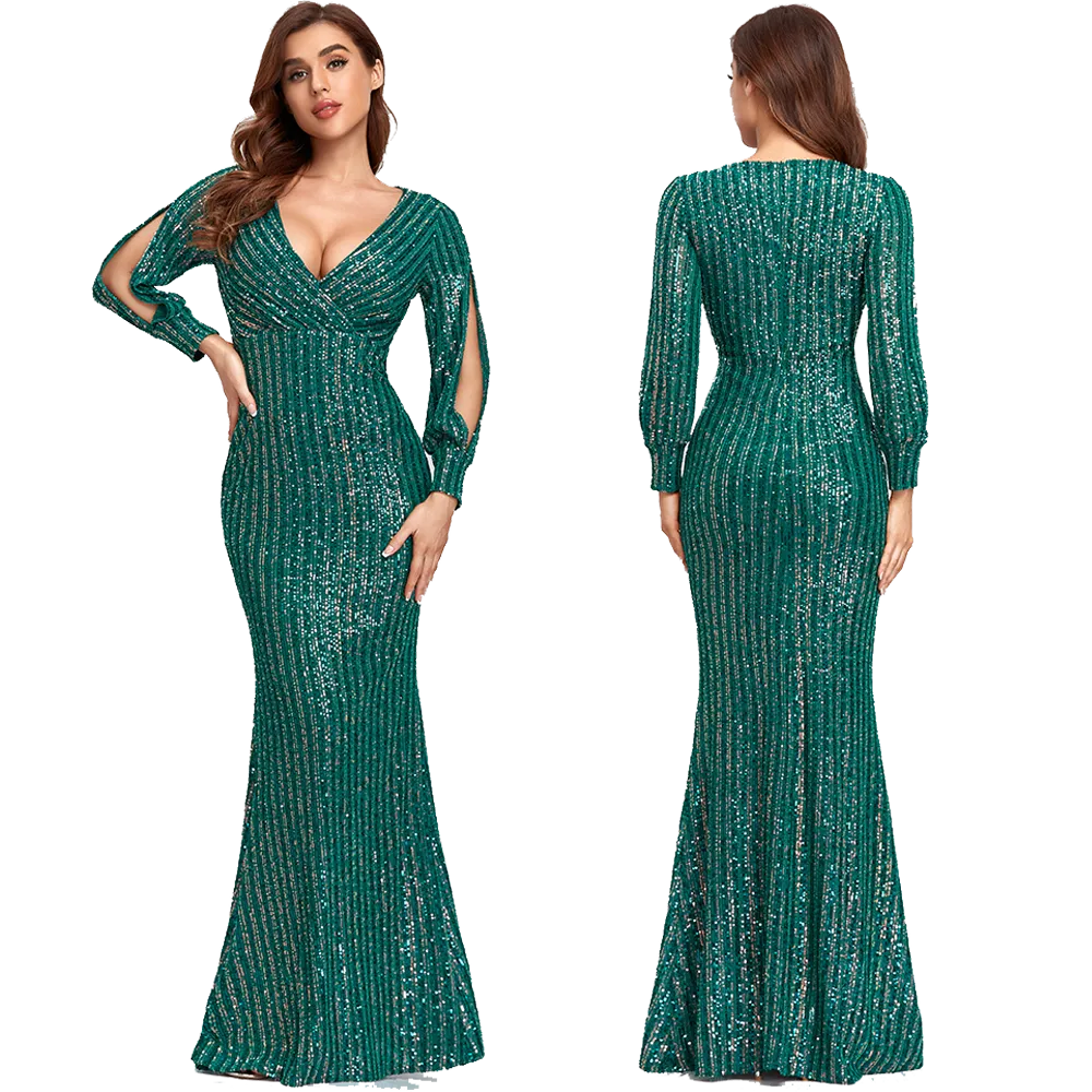 Formal Evening Dresses for Women V-neck Mermaid Maxi Sequin Dress for Party