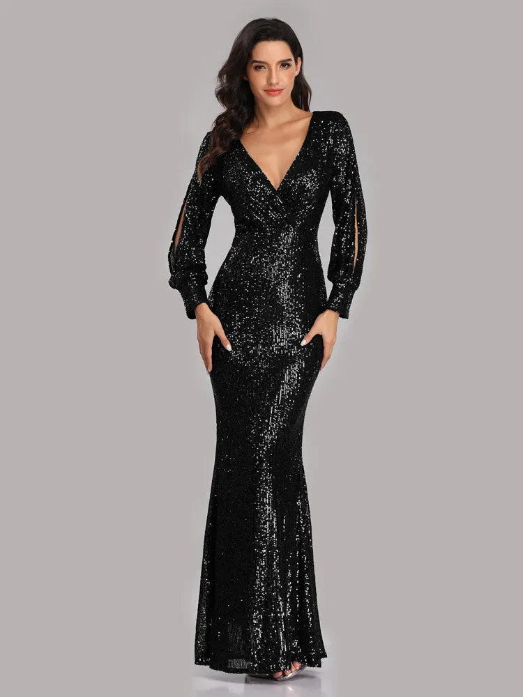 Formal Evening Dresses for Women V-neck Mermaid Maxi Sequin Dress for Party