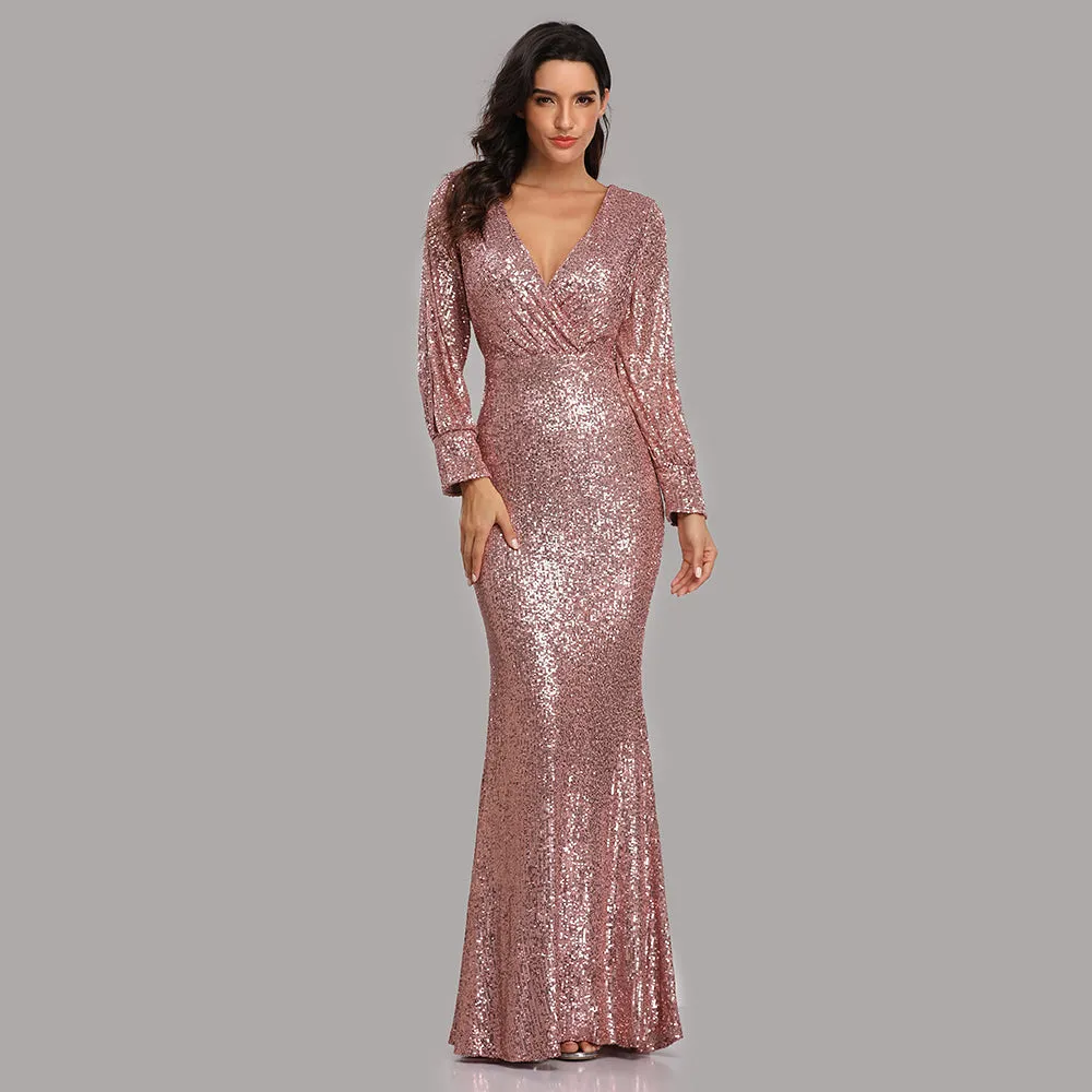 Formal Evening Dresses for Women V-neck Mermaid Maxi Sequin Dress for Party