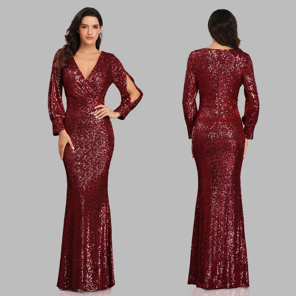 Formal Evening Dresses for Women V-neck Mermaid Maxi Sequin Dress for Party
