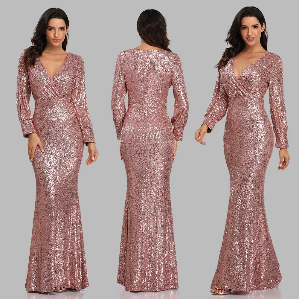 Formal Evening Dresses for Women V-neck Mermaid Maxi Sequin Dress for Party