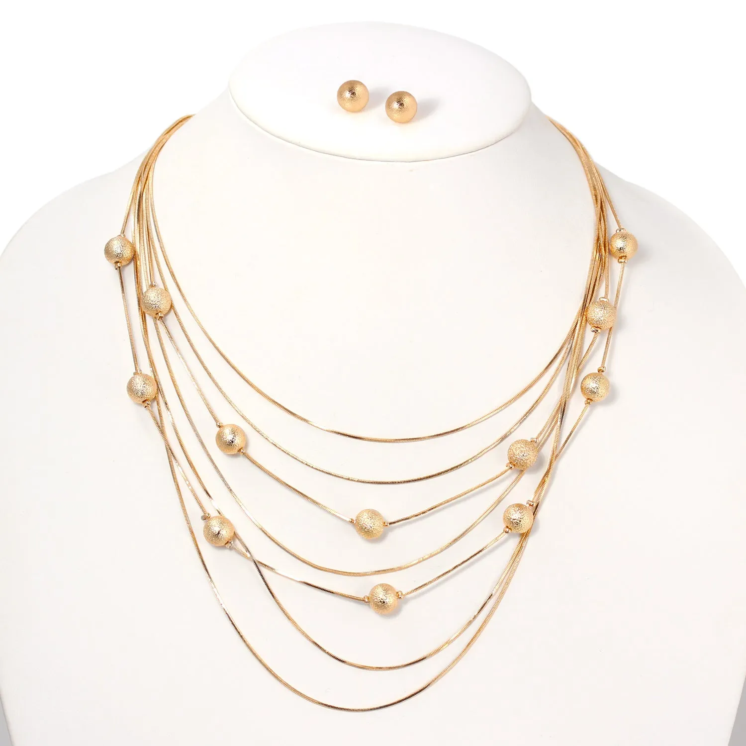 Gold Hammered Ball beads Multi-stand Long Necklace and Earrings Set  #SQ4118-1 (LF17-18/RE22-23)