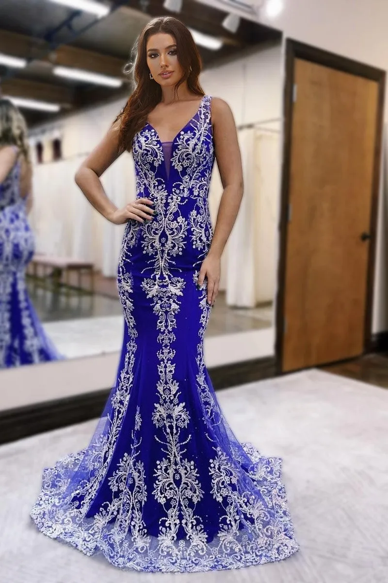 Gorgeous Royal Blue Mermaid Lace Appliques Long Prom Dress