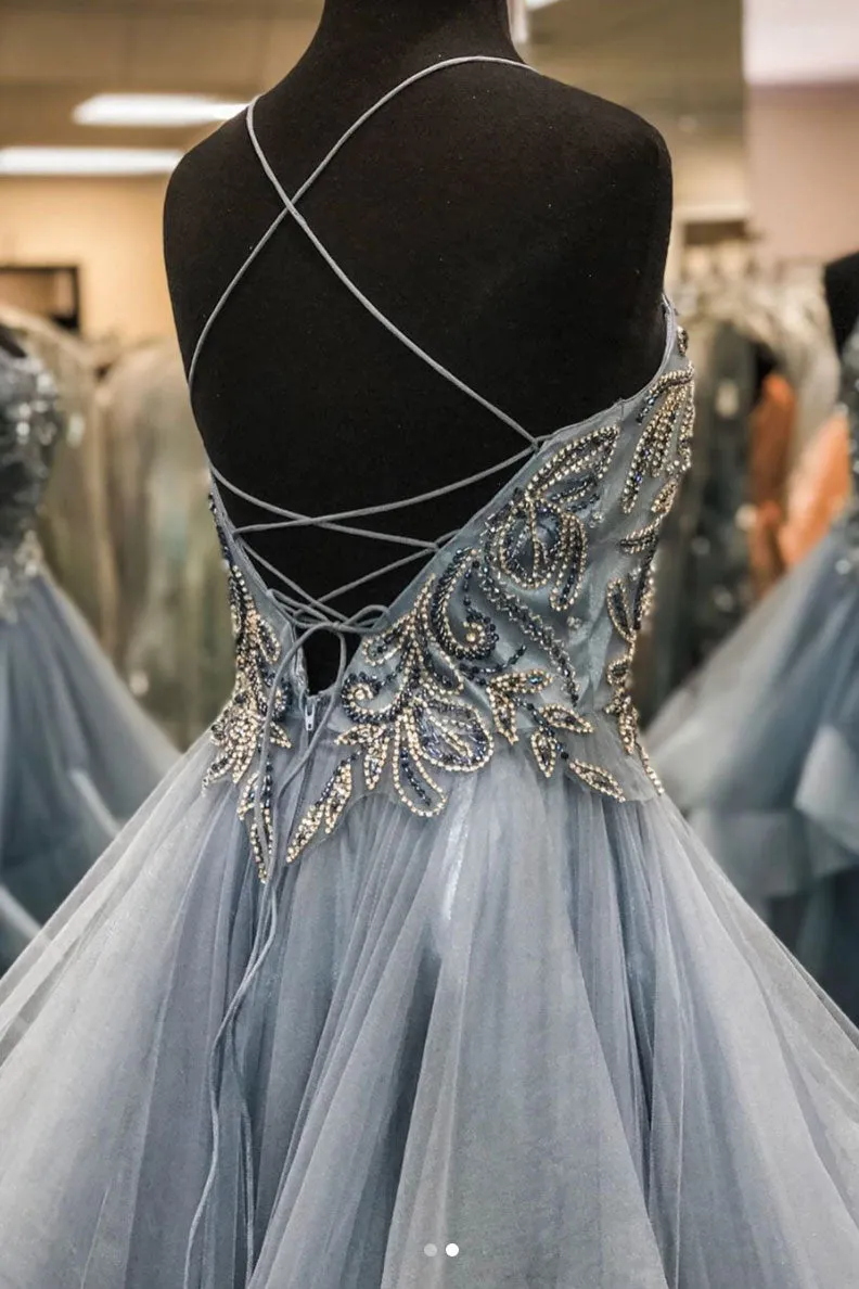 Gray tulle beads long prom dress gray tulle long evening dress