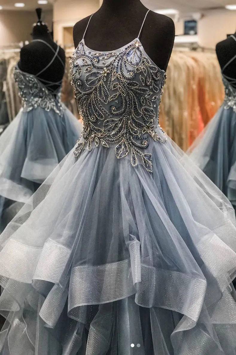 Gray tulle beads long prom dress gray tulle long evening dress
