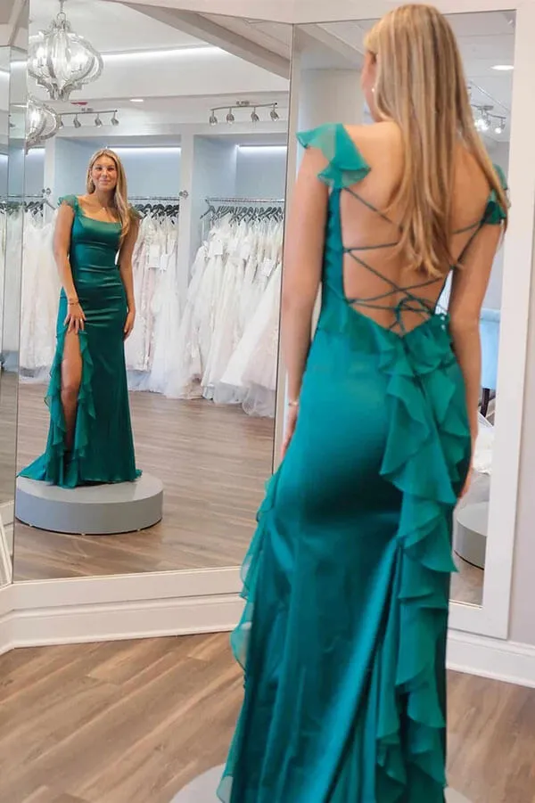 Green Chiffon Mermaid Square Neck Ruffled Prom Dresses With Slit, MP998