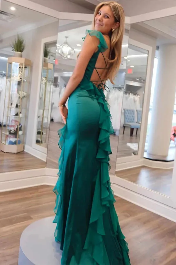 Green Chiffon Mermaid Square Neck Ruffled Prom Dresses With Slit, MP998
