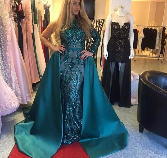 Green One Shoulder Long Sleeves  Sequeined Evening Dresses