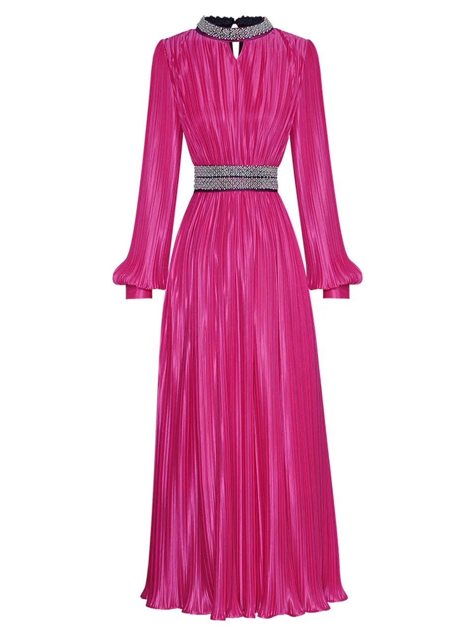 Green Pleated Long Sleeve Beading Romantic Stain Maxi Dress