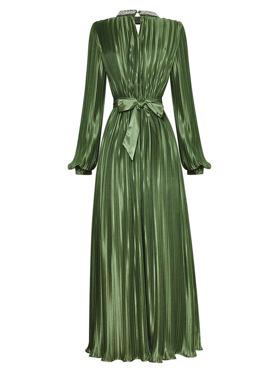 Green Pleated Long Sleeve Beading Romantic Stain Maxi Dress