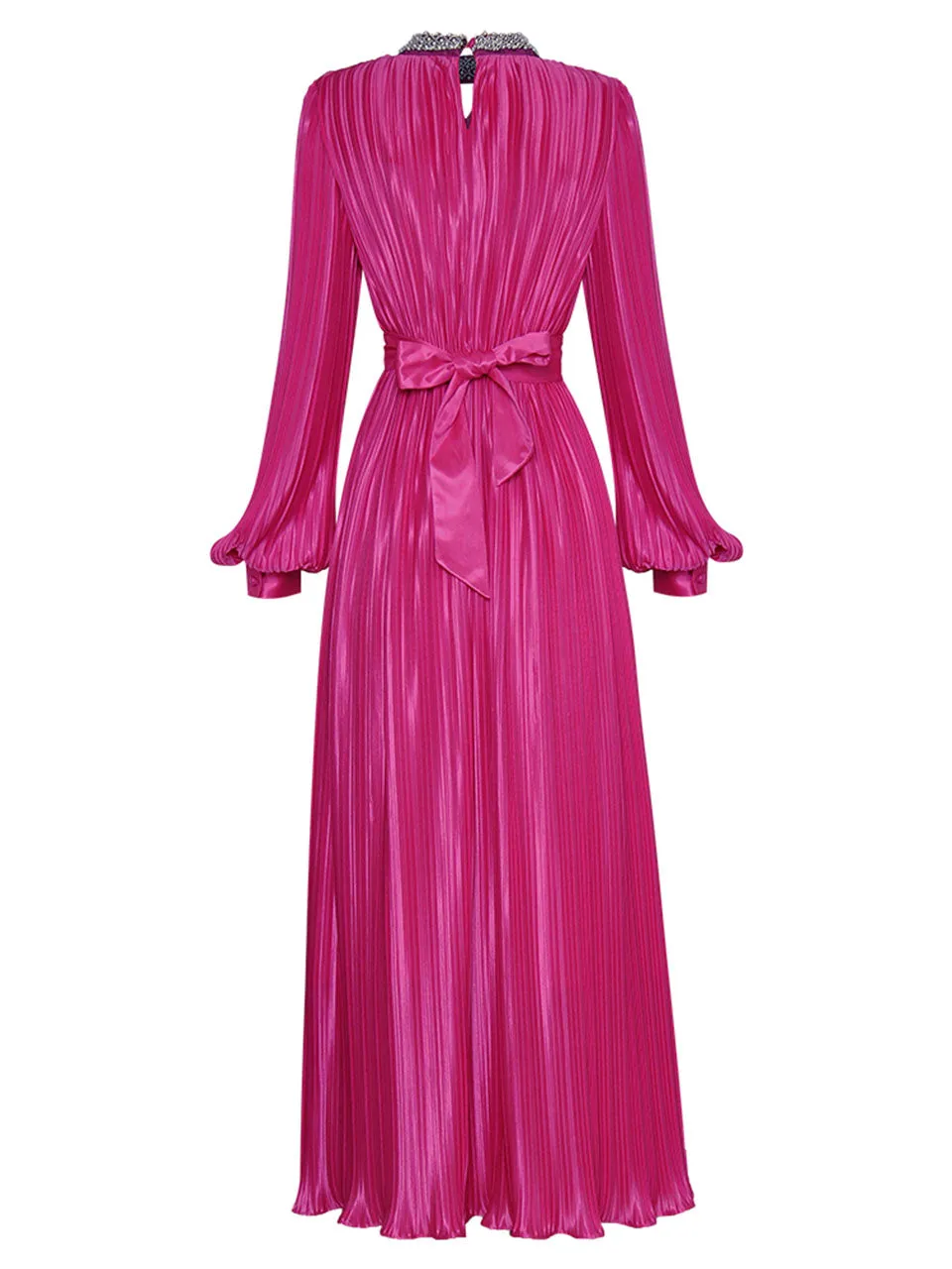 Green Pleated Long Sleeve Beading Romantic Stain Maxi Dress