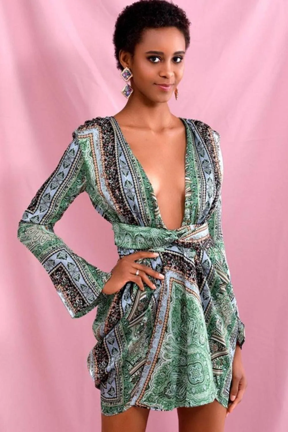 Green Vintage Versace Print Mini Dress