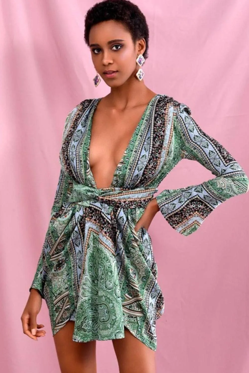 Green Vintage Versace Print Mini Dress