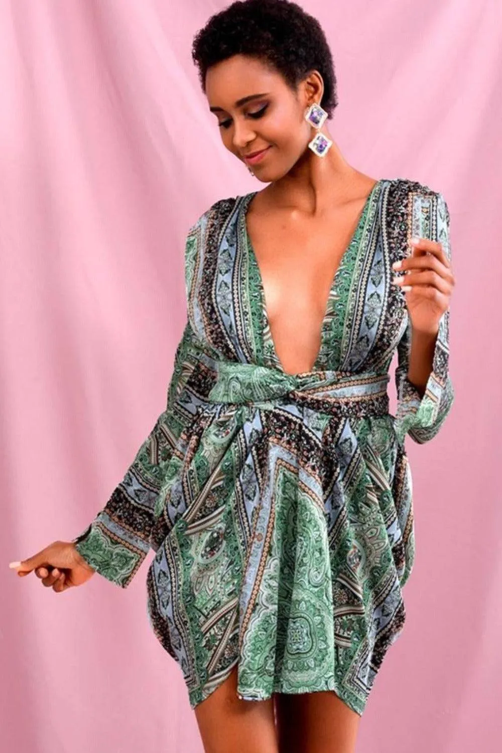 Green Vintage Versace Print Mini Dress