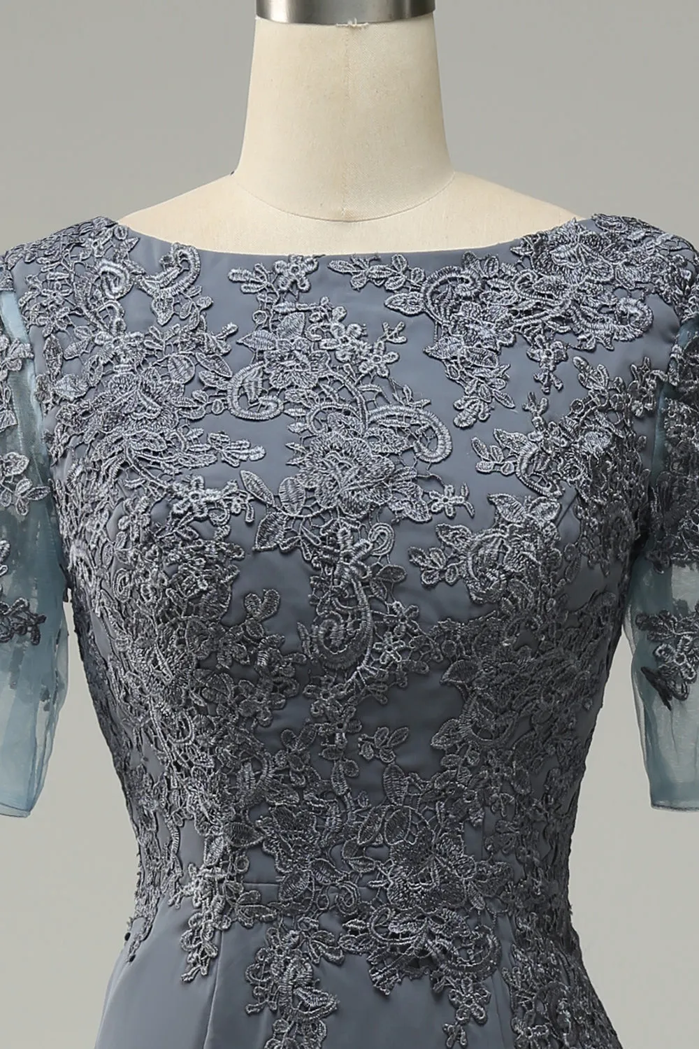 Grey Mermaid Short Sleeves Appliques Long Mother of the Bride/Groom Dress