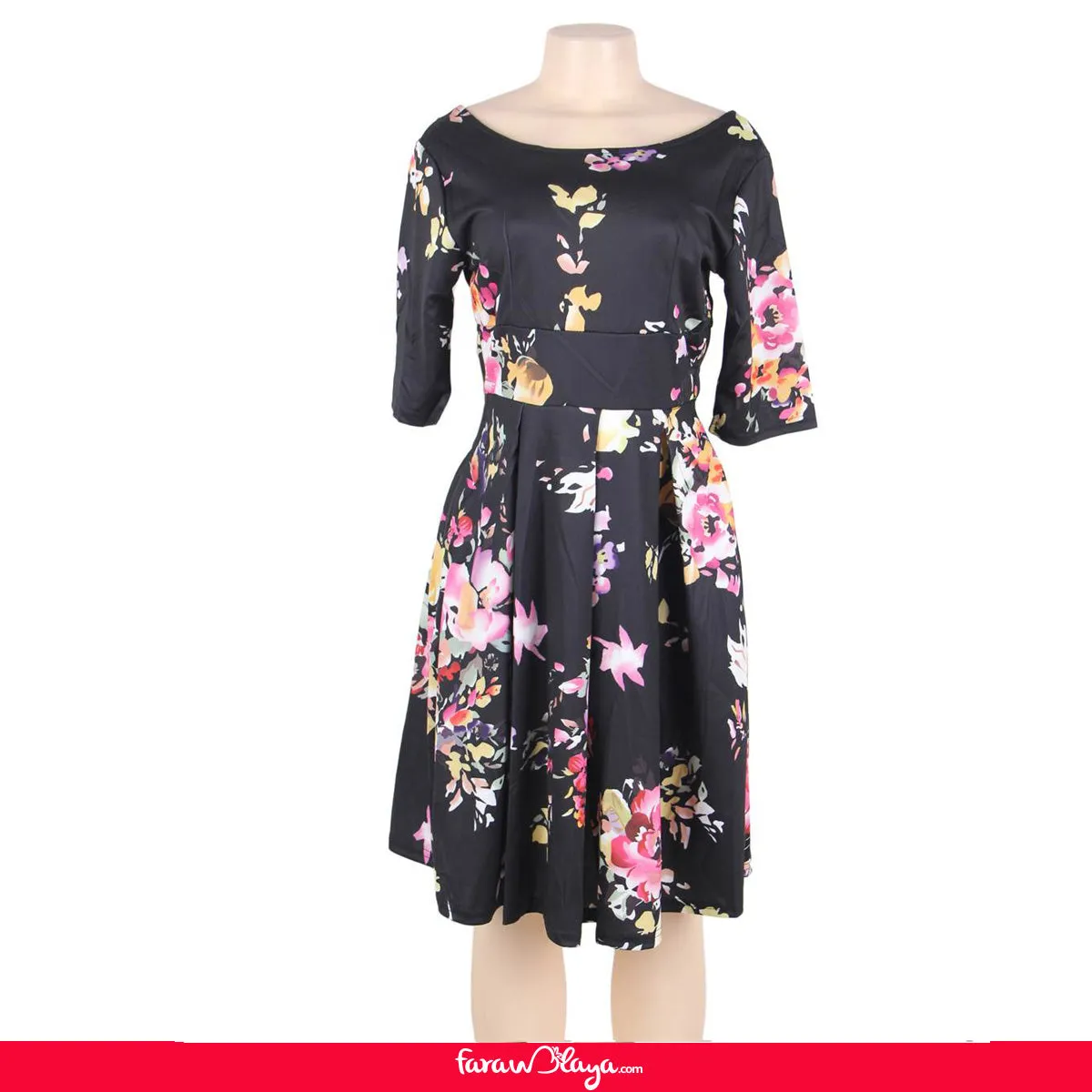Half Sleeve Black Vintage Style Floral Swing Dress With Farawlaya