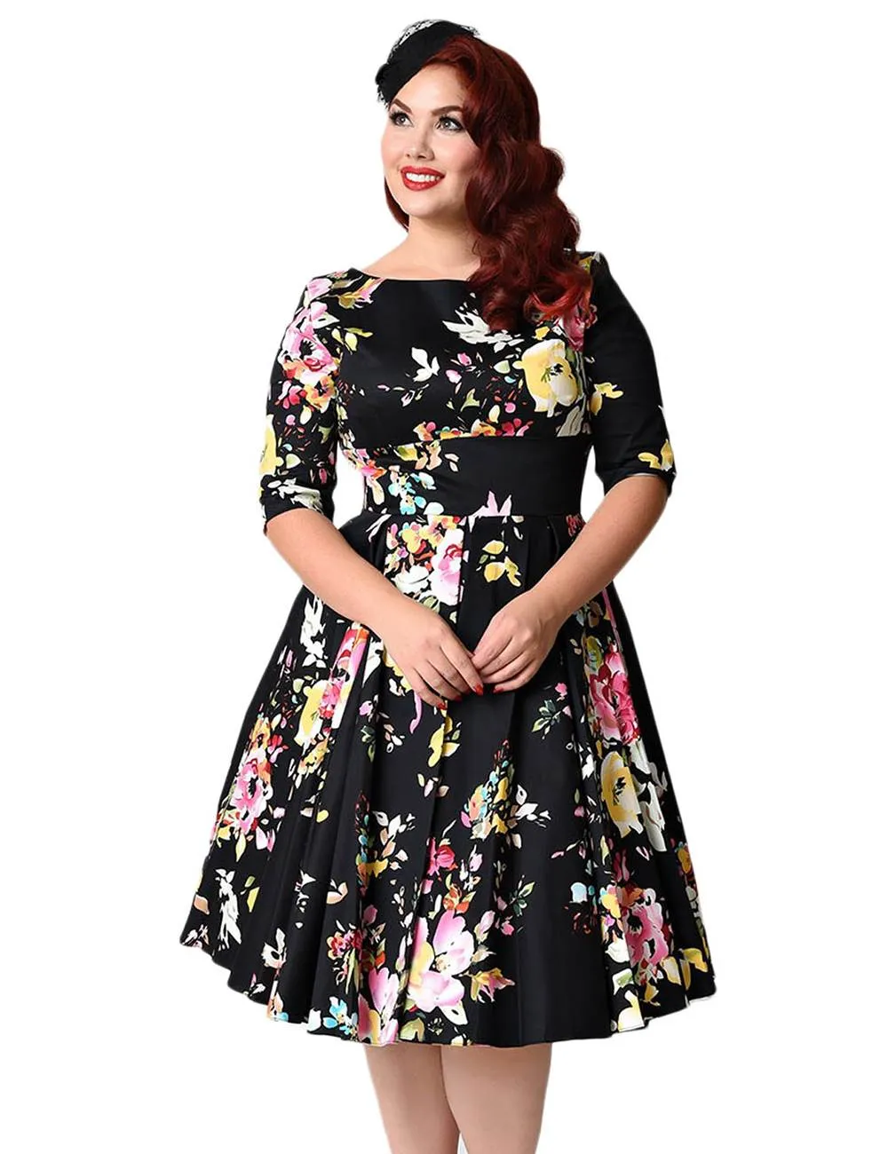 Half Sleeve Black Vintage Style Floral Swing Dress With Farawlaya