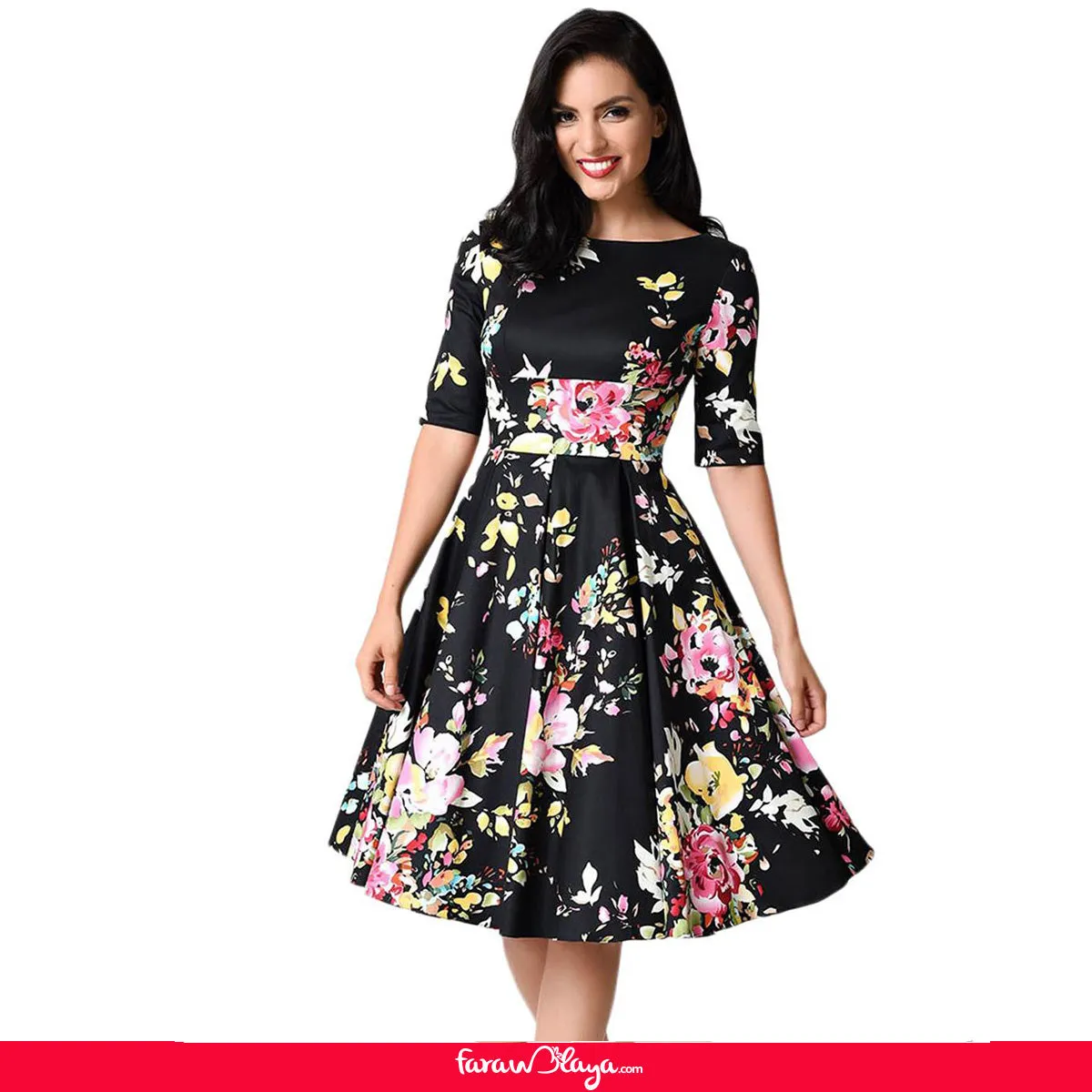 Half Sleeve Black Vintage Style Floral Swing Dress With Farawlaya
