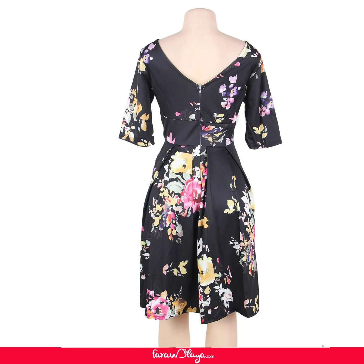 Half Sleeve Black Vintage Style Floral Swing Dress With Farawlaya