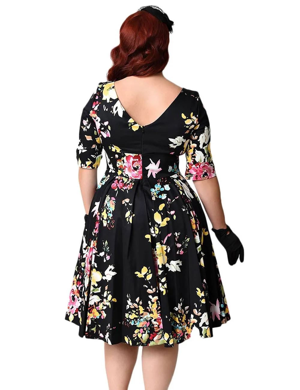 Half Sleeve Black Vintage Style Floral Swing Dress With Farawlaya