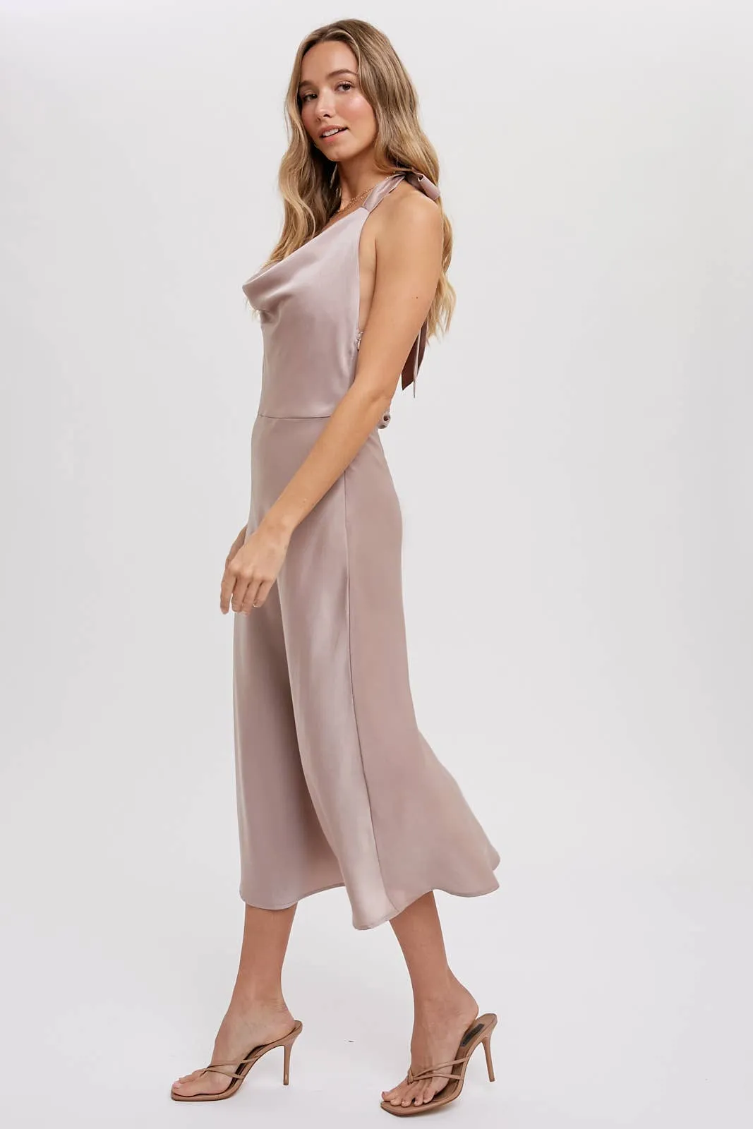 HALTER NECK SILKY MIDI DRESS: MUSHROOM