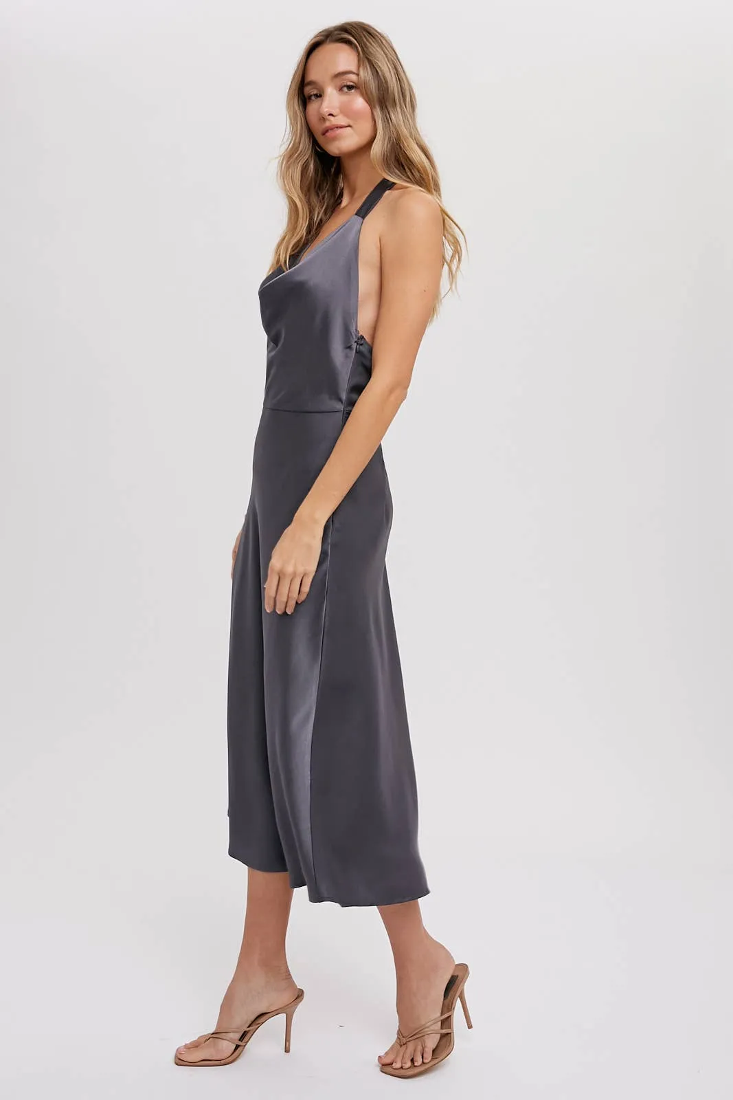 HALTER NECK SILKY MIDI DRESS: MUSHROOM