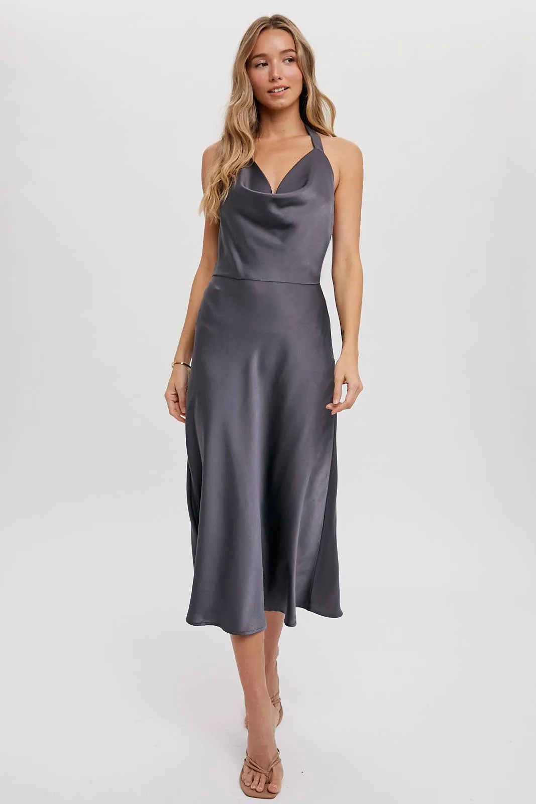 HALTER NECK SILKY MIDI DRESS: MUSHROOM
