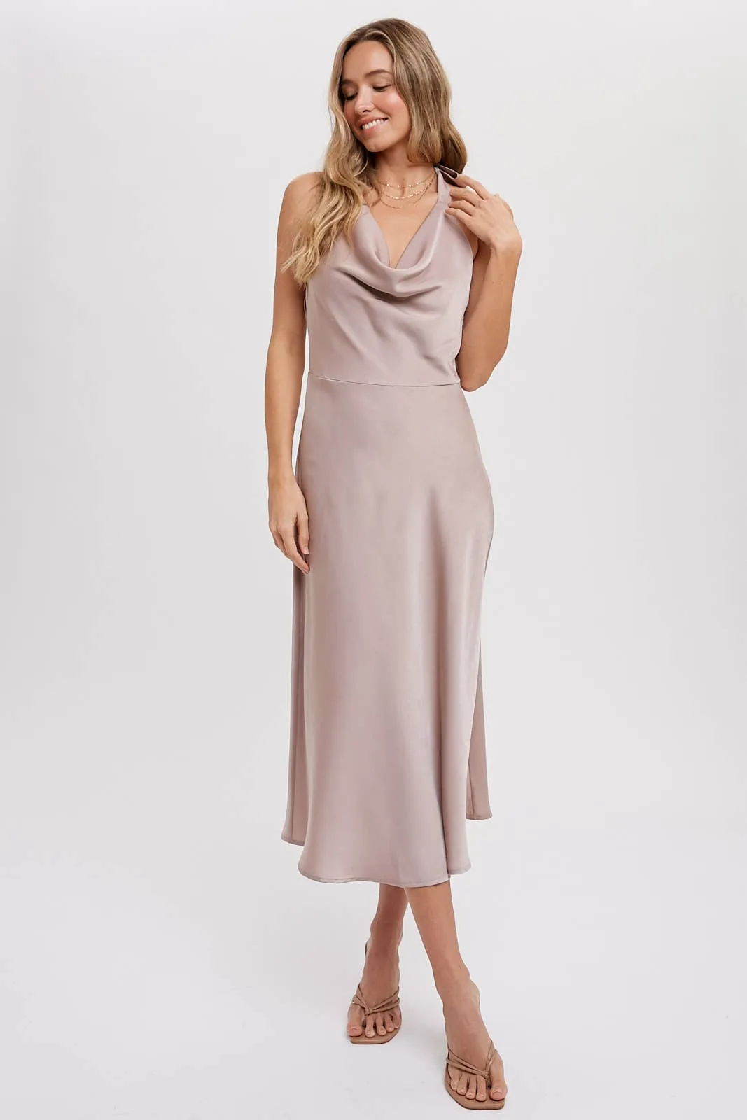 HALTER NECK SILKY MIDI DRESS: MUSHROOM