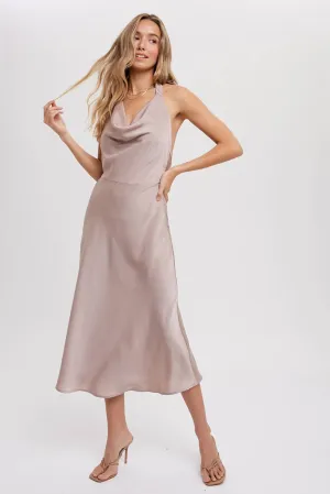 HALTER NECK SILKY MIDI DRESS: MUSHROOM