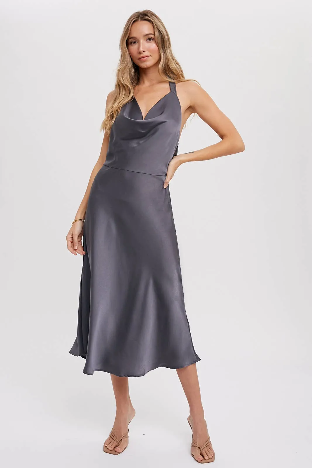 HALTER NECK SILKY MIDI DRESS: MUSHROOM