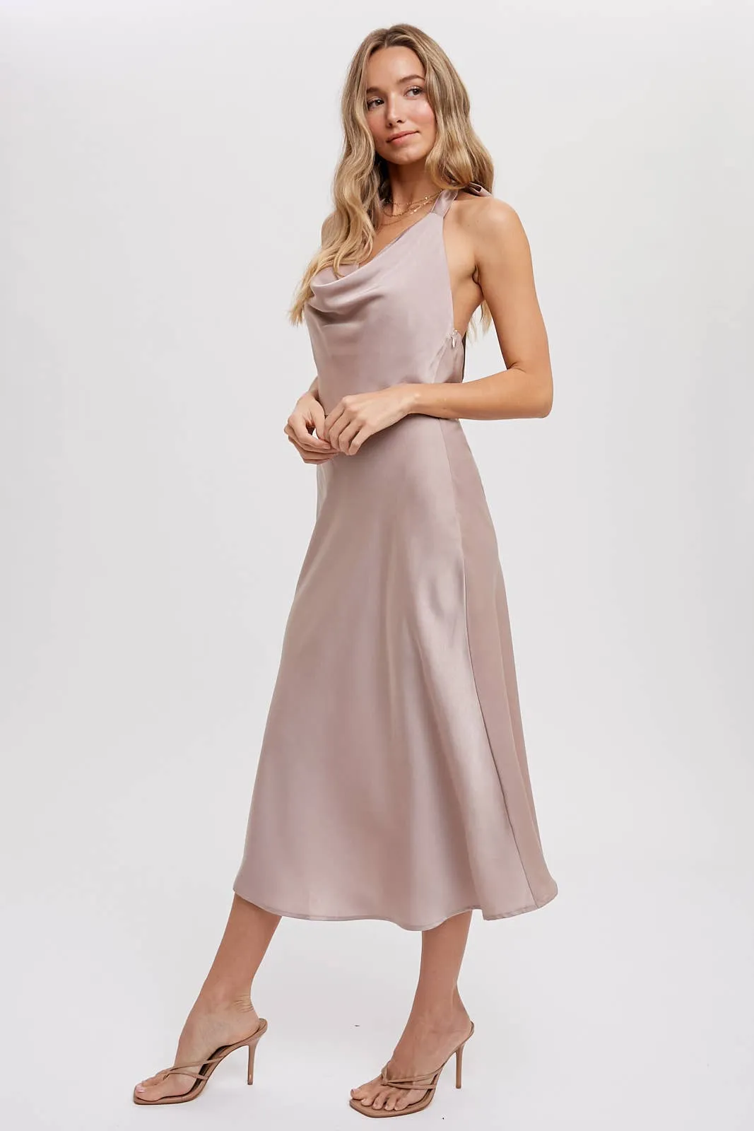 HALTER NECK SILKY MIDI DRESS: MUSHROOM