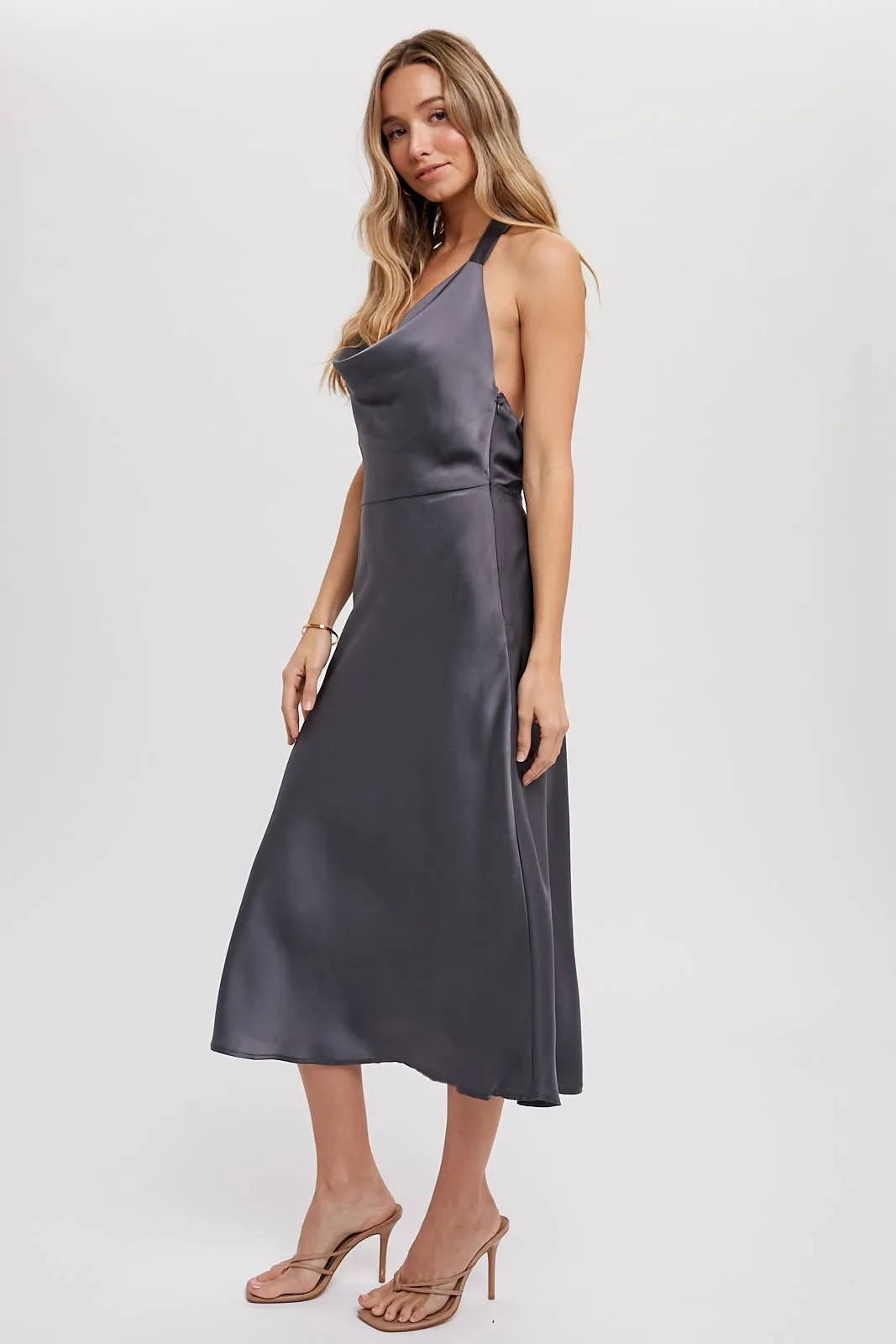 HALTER NECK SILKY MIDI DRESS: MUSHROOM