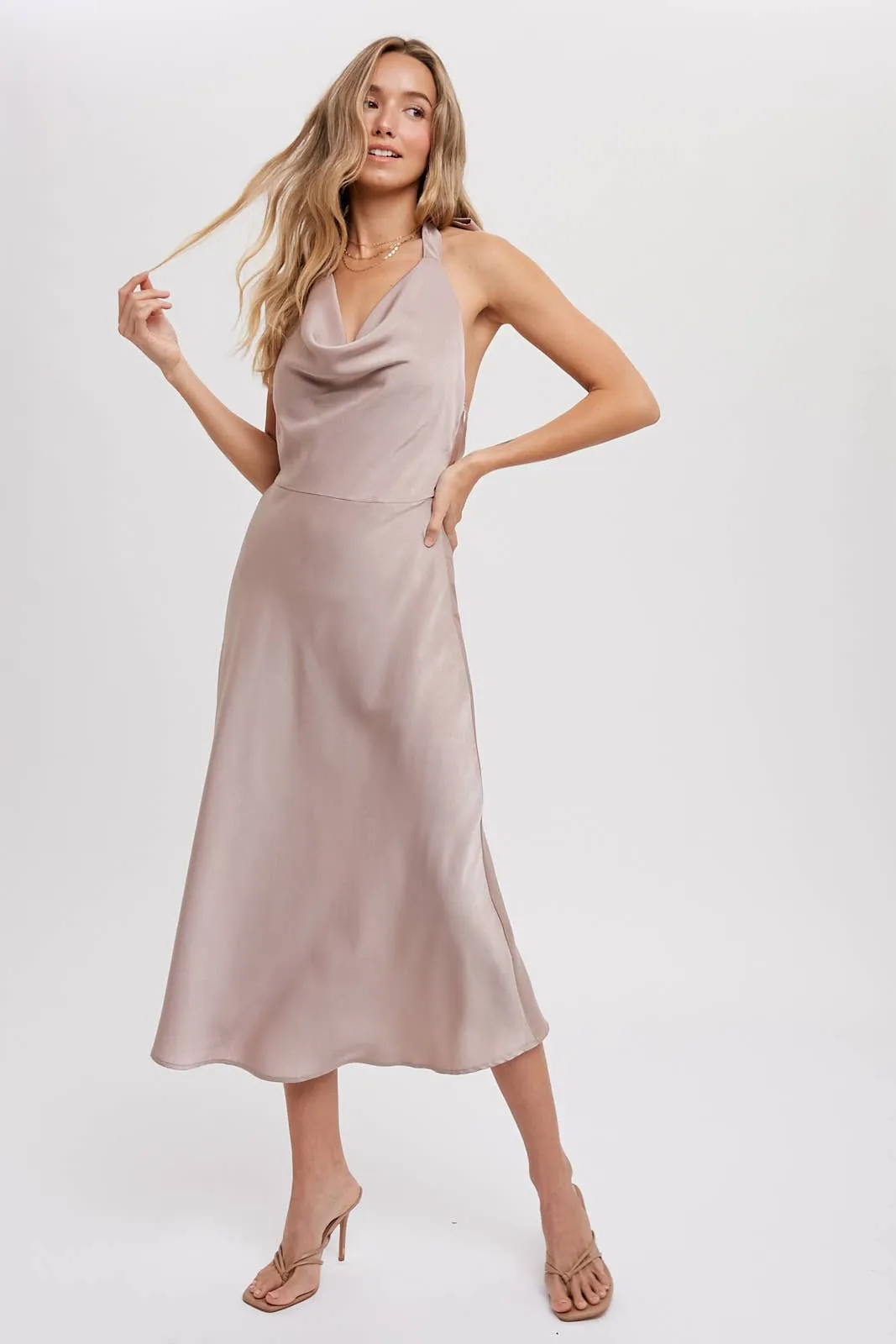 HALTER NECK SILKY MIDI DRESS: MUSHROOM