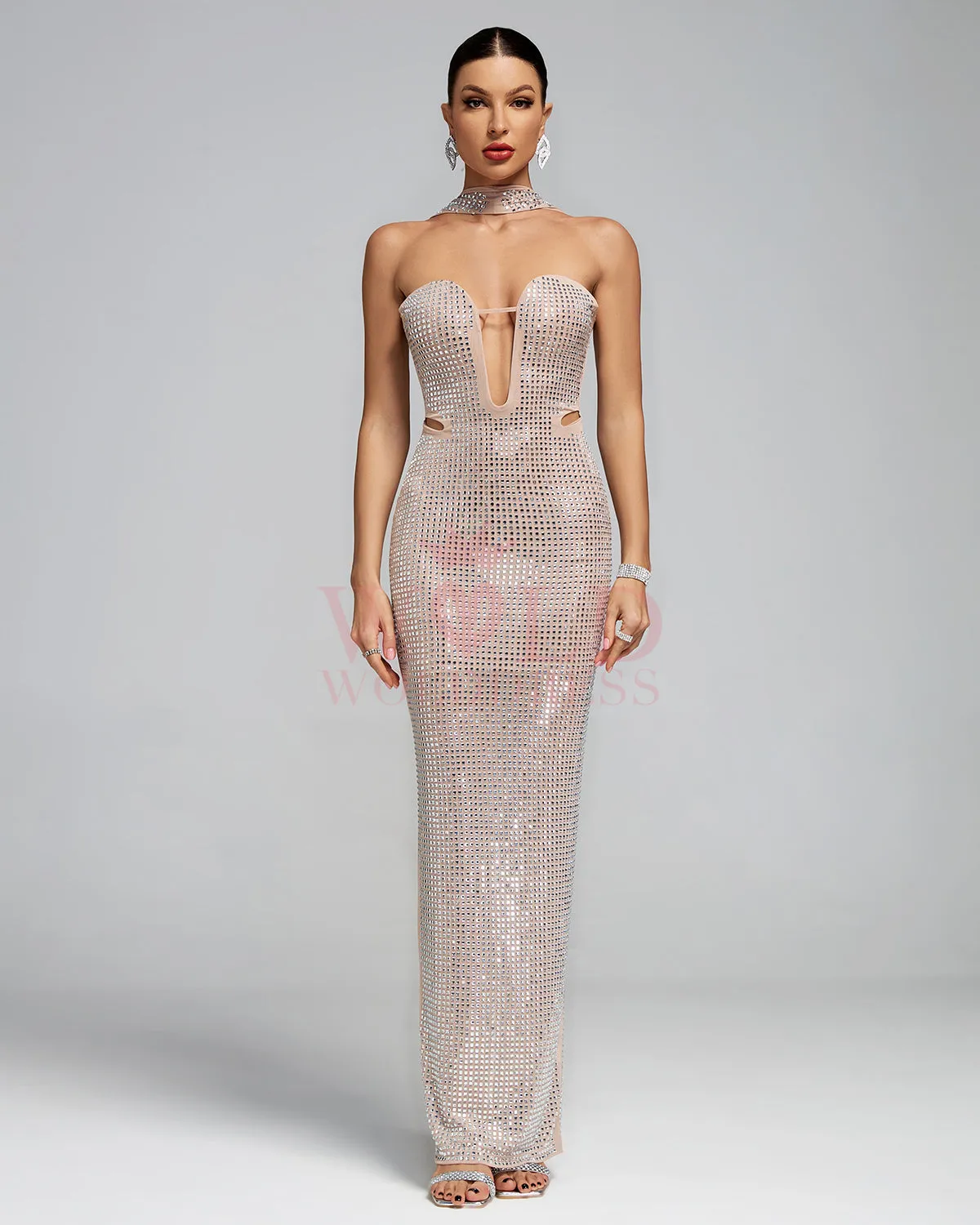 Halter Sweetheart Cutout Sparkly Evening Gown