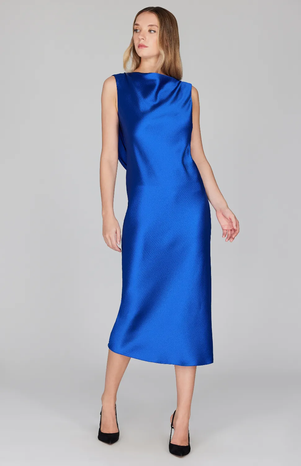 Hammered Satin Drape Back Bias Dress