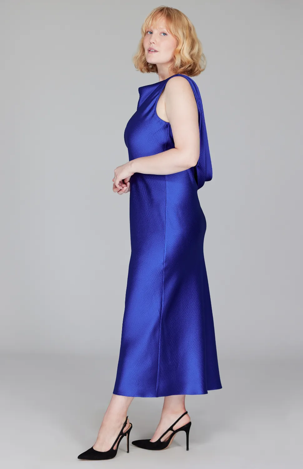 Hammered Satin Drape Back Bias Dress