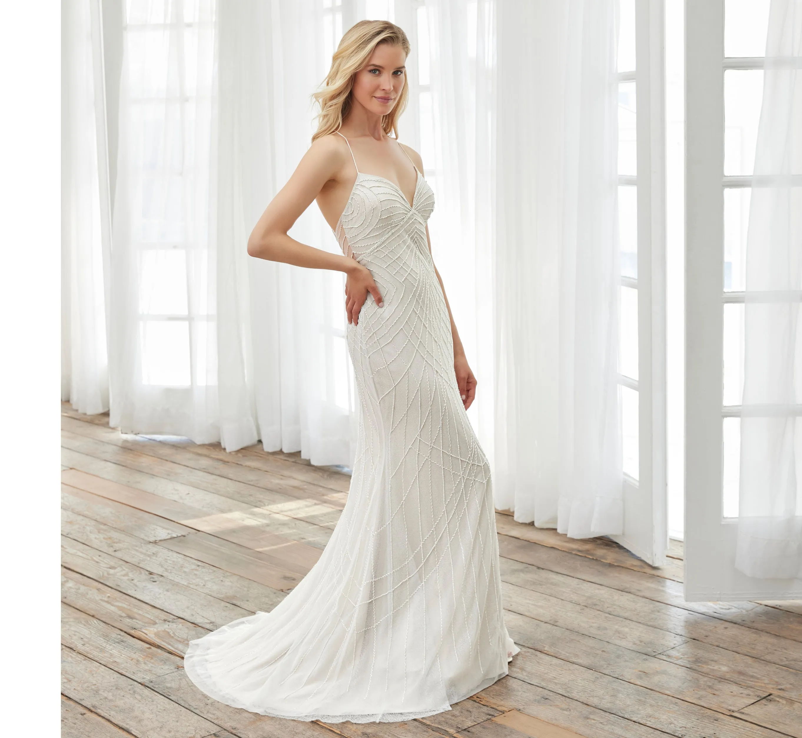 Hand-Beaded Empire Waist Gown In Ivory Silver Ivory