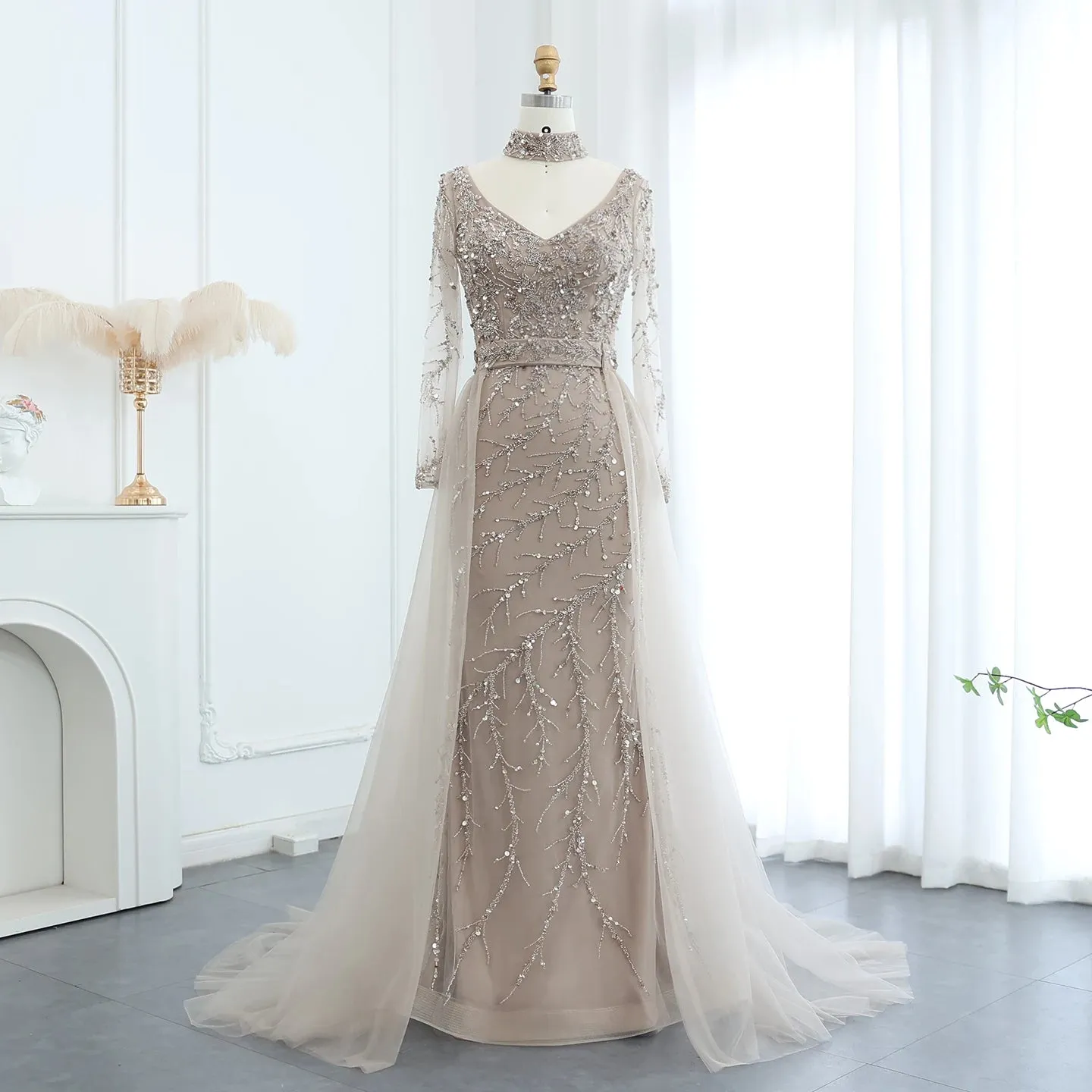 HELEN Luxury Beaded Evening Gowns with Overskirt