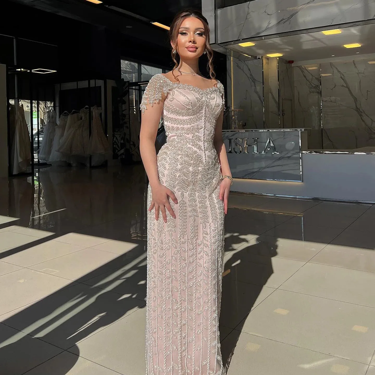 HELEN Luxury Cream Straight Pink Evening Dress for Women