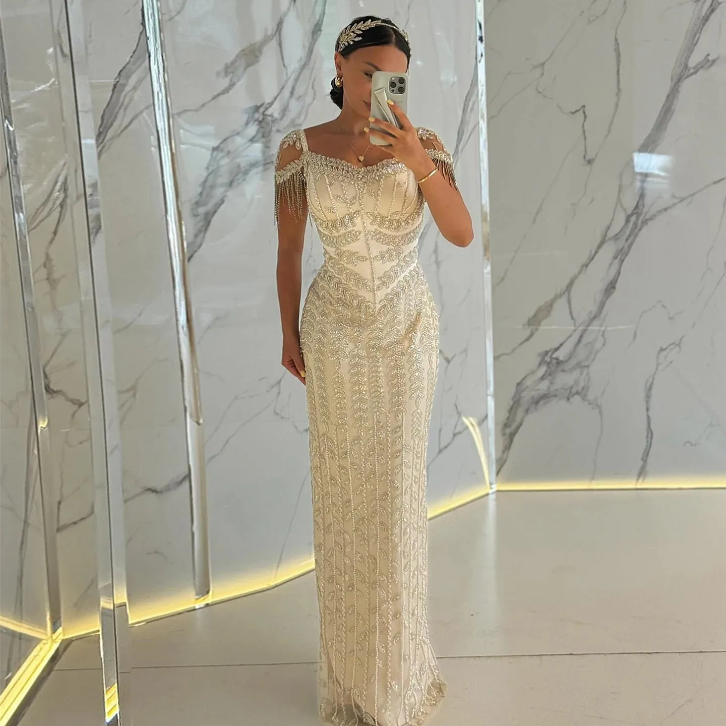 HELEN Luxury Cream Straight Pink Evening Dress for Women