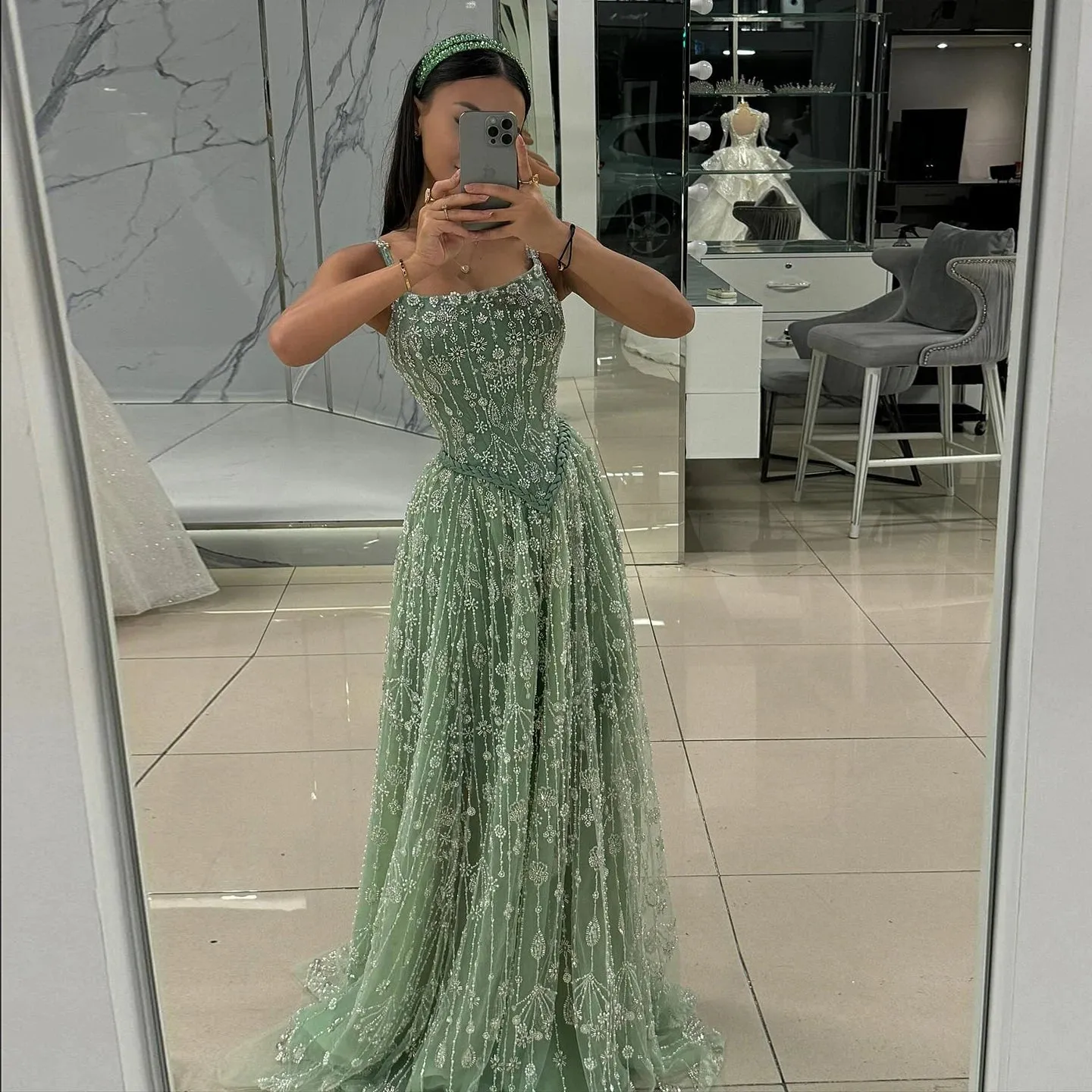 HELEN Luxury Elegant Sage Green Evening Dress