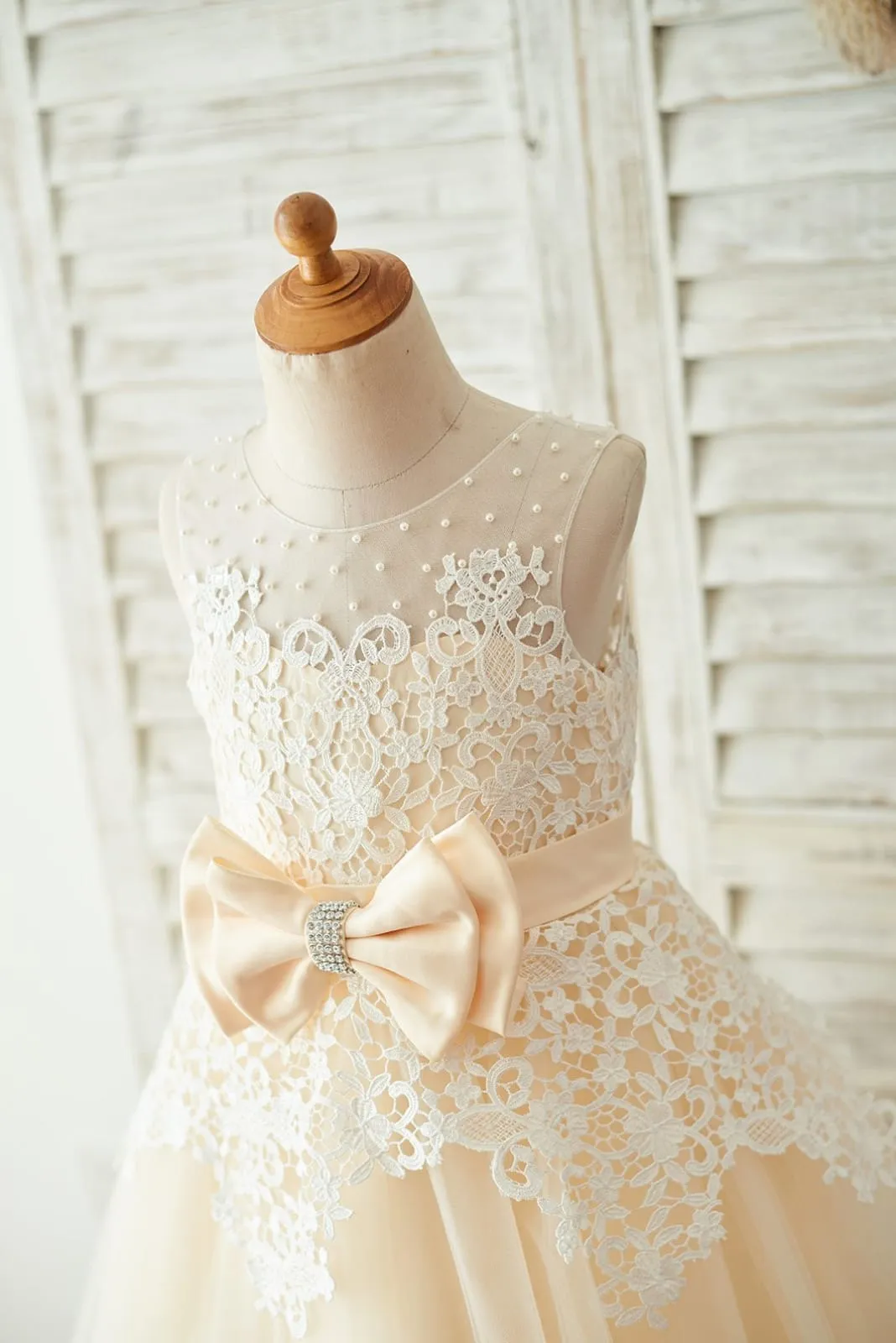 Ivory Lace Champagne Tulle Wedding Party Flower Girl Dress, Pearls