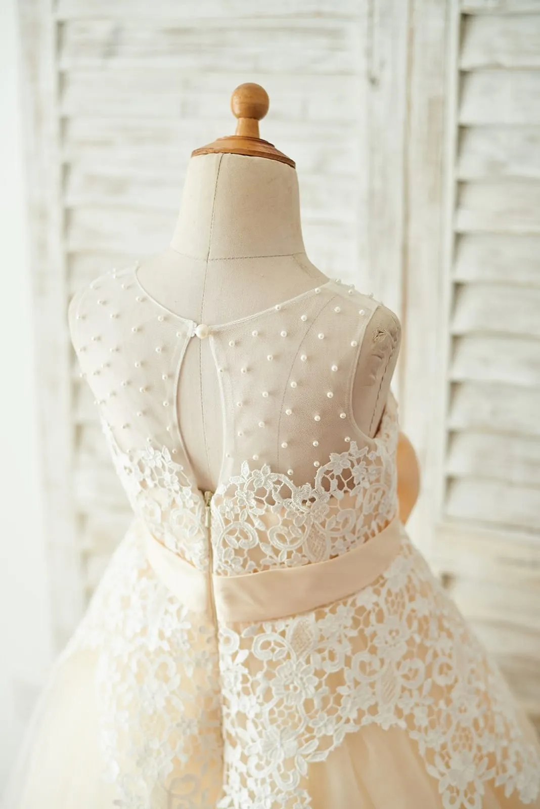 Ivory Lace Champagne Tulle Wedding Party Flower Girl Dress, Pearls