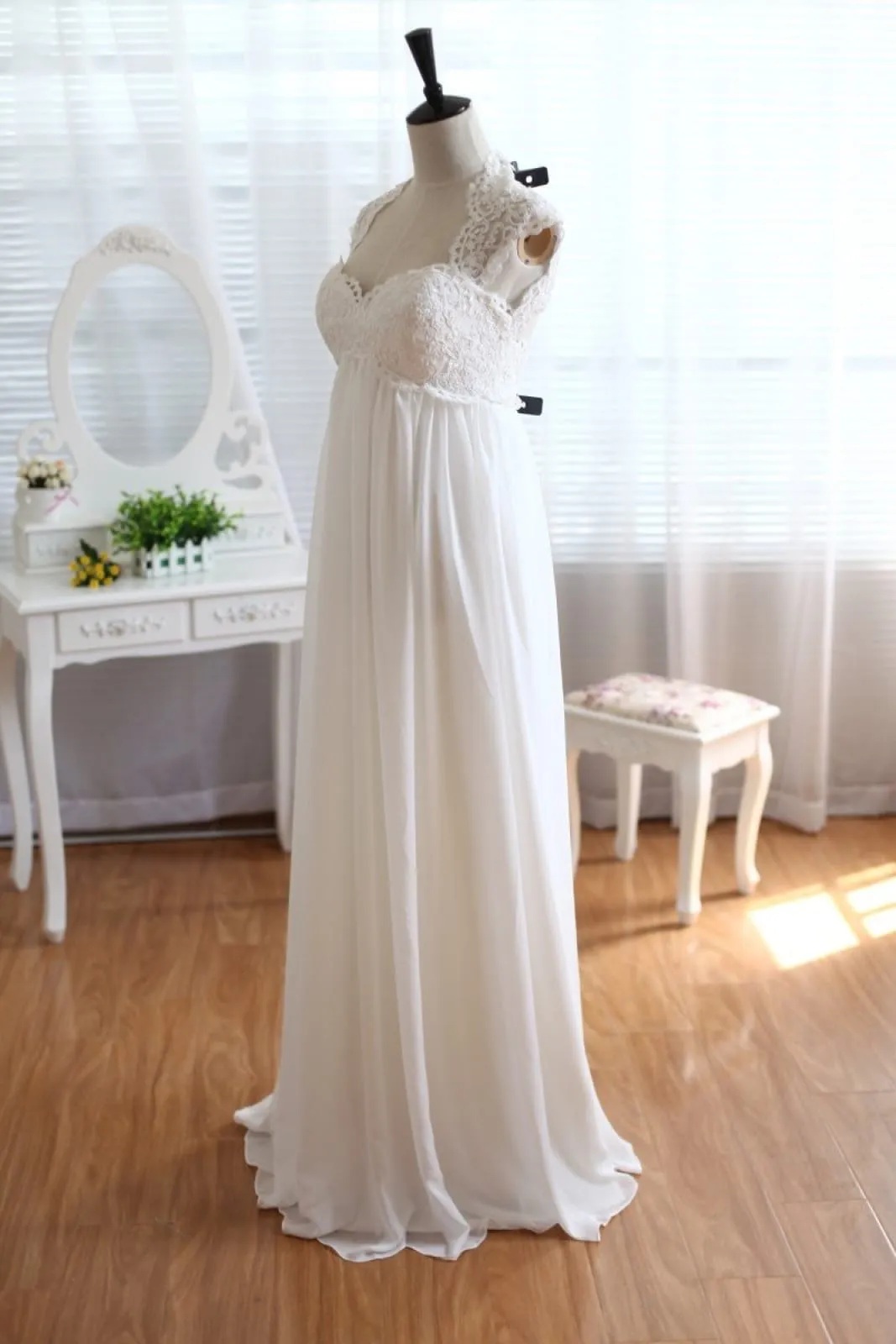 Ivory Lace Chiffon Keyhole Back Empire Waist Wedding Maternity Dress
