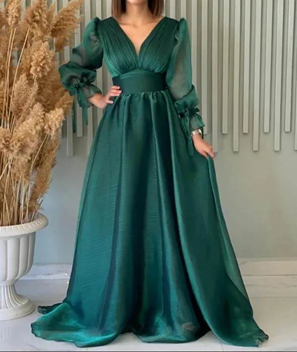 JazzHer Modest A Line V Neckline Long Sleeves Hot Pink Tulle Long Prom Dresses Evening Dress (PRE-ORDER)