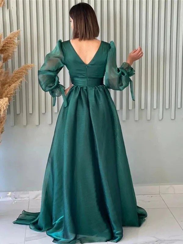 JazzHer Modest A Line V Neckline Long Sleeves Hot Pink Tulle Long Prom Dresses Evening Dress (PRE-ORDER)