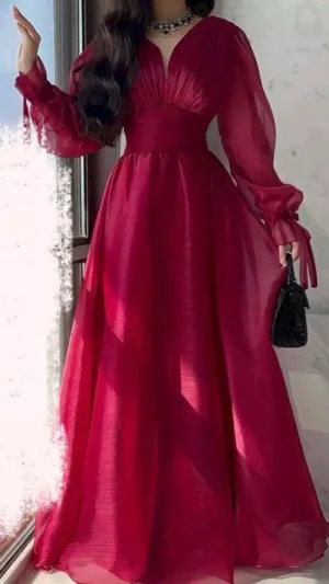 JazzHer Modest A Line V Neckline Long Sleeves Hot Pink Tulle Long Prom Dresses Evening Dress (PRE-ORDER)