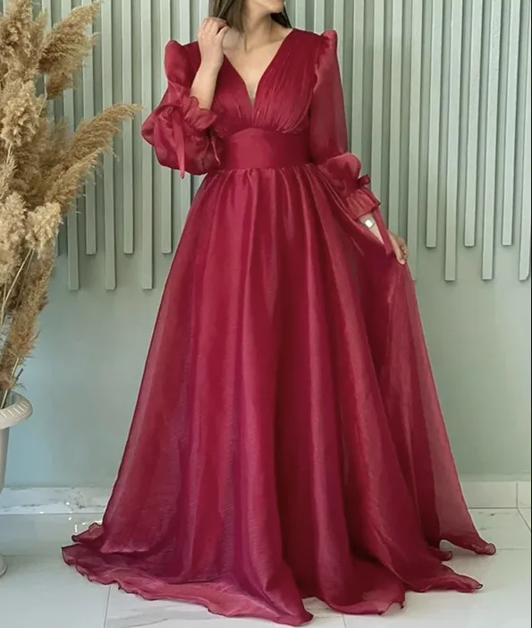 JazzHer Modest A Line V Neckline Long Sleeves Hot Pink Tulle Long Prom Dresses Evening Dress (PRE-ORDER)
