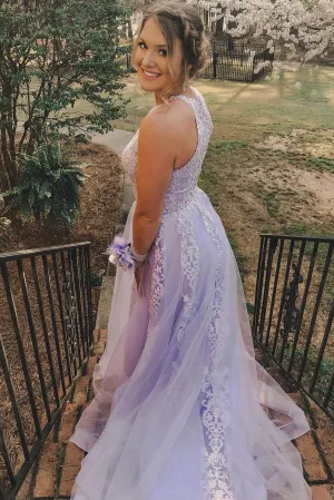 Jewel Neck Appliques Lavender Prom Dress with Train